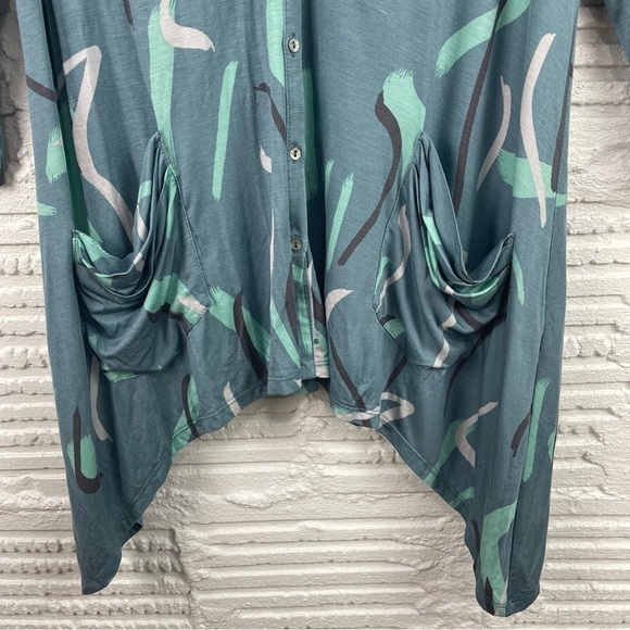 LOGO by Lori Goldstein Button Front Knit Cardigan Tunic Teal Abstract Print M - Picture 5 of 16